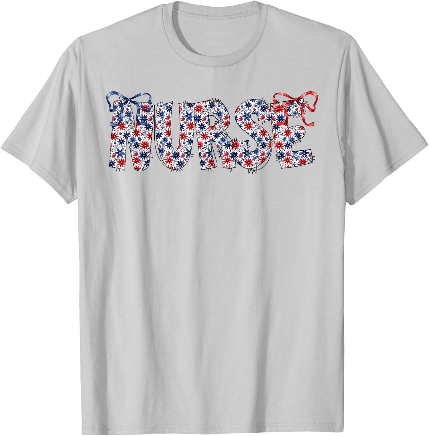 Groovy Cute Nurse Bows & Flowers USA Flag 4th Of July Women T-Shirt - T-Shirt | Ash