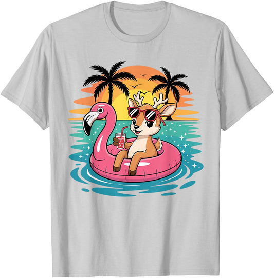 Funny Deer Hawaiian Deer Float Beach Summer T-Shirt - T-Shirt | Ash