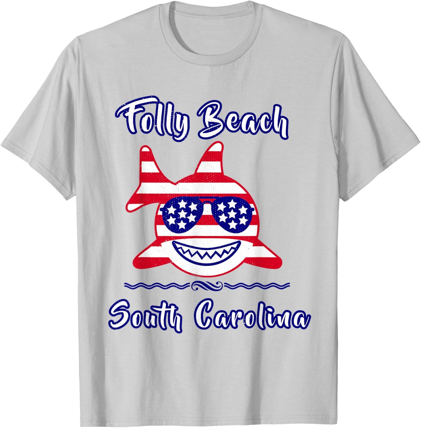 Folly Beach South Carolina Patriotic Coastal Shark Fish T-Shirt - T-Shirt | Ash
