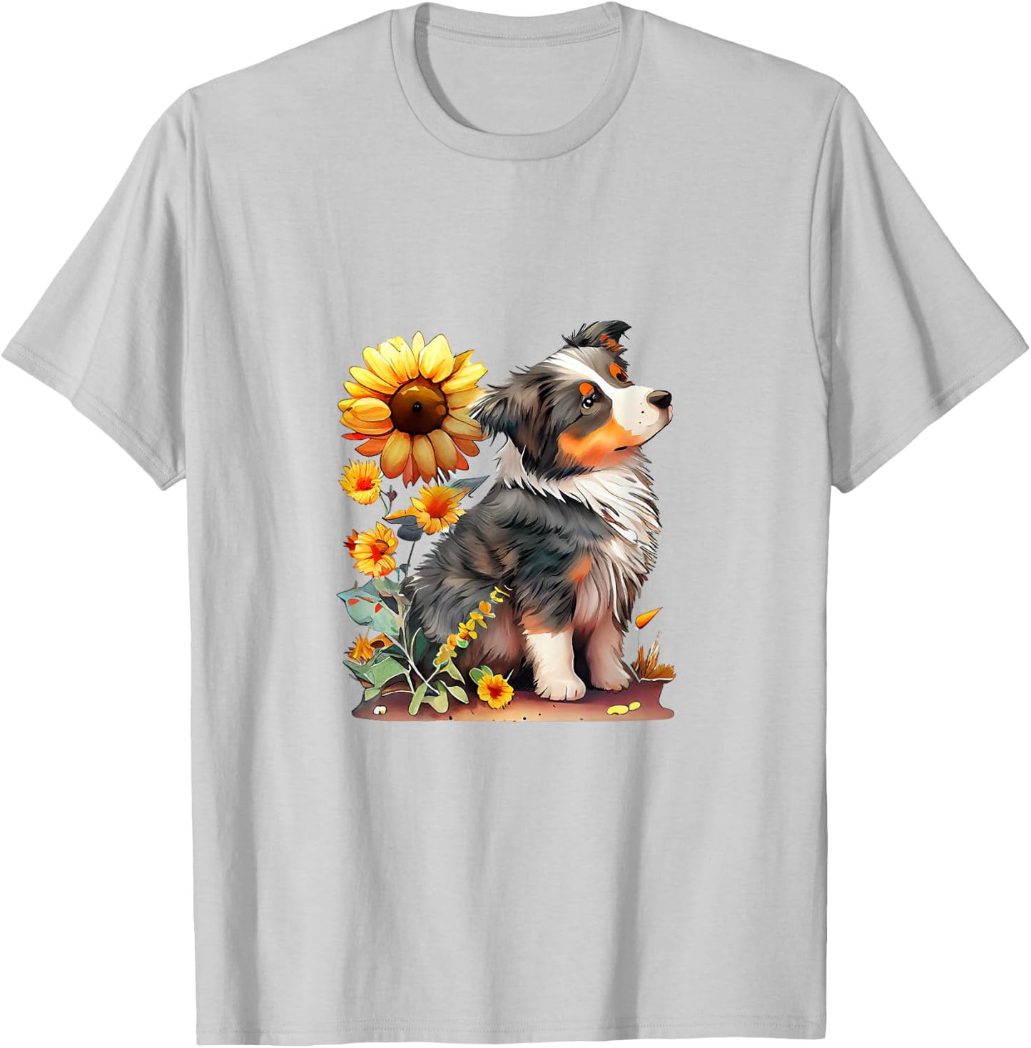 Vintage Sunflower Australian Shepherd Lover Flower Graphic T-Shirt - T-Shirt | Ash