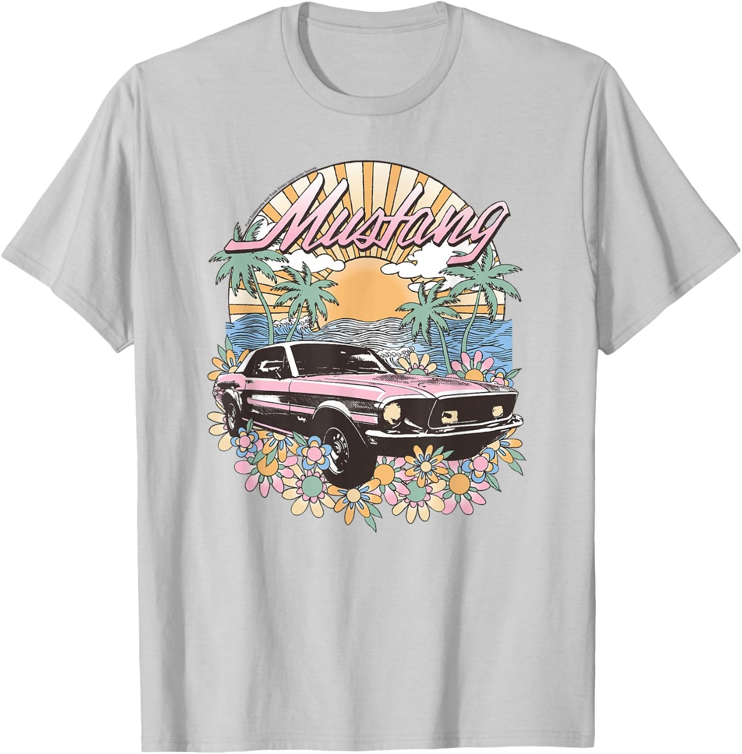 Ford – Vintage Pink Mustang Floral Beach Sunset Palm Trees , white, S T-Shirt - T-Shirt | Ash