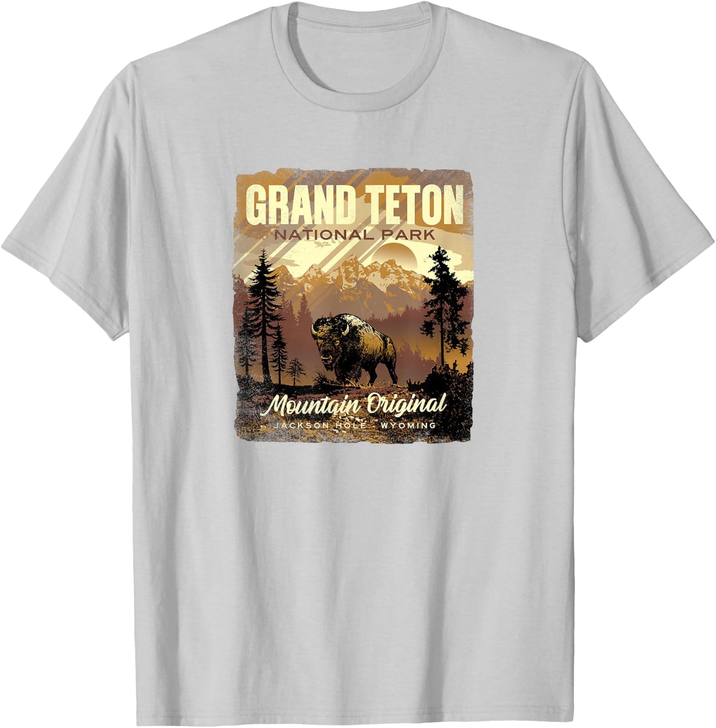Grand Teton National Park Bison Retro Graphic T-Shirt - T-Shirt | Ash