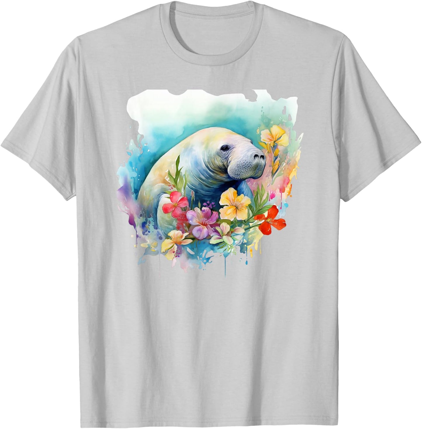 Manatee Floral Watercolor Painting T-Shirt - T-Shirt | Ash