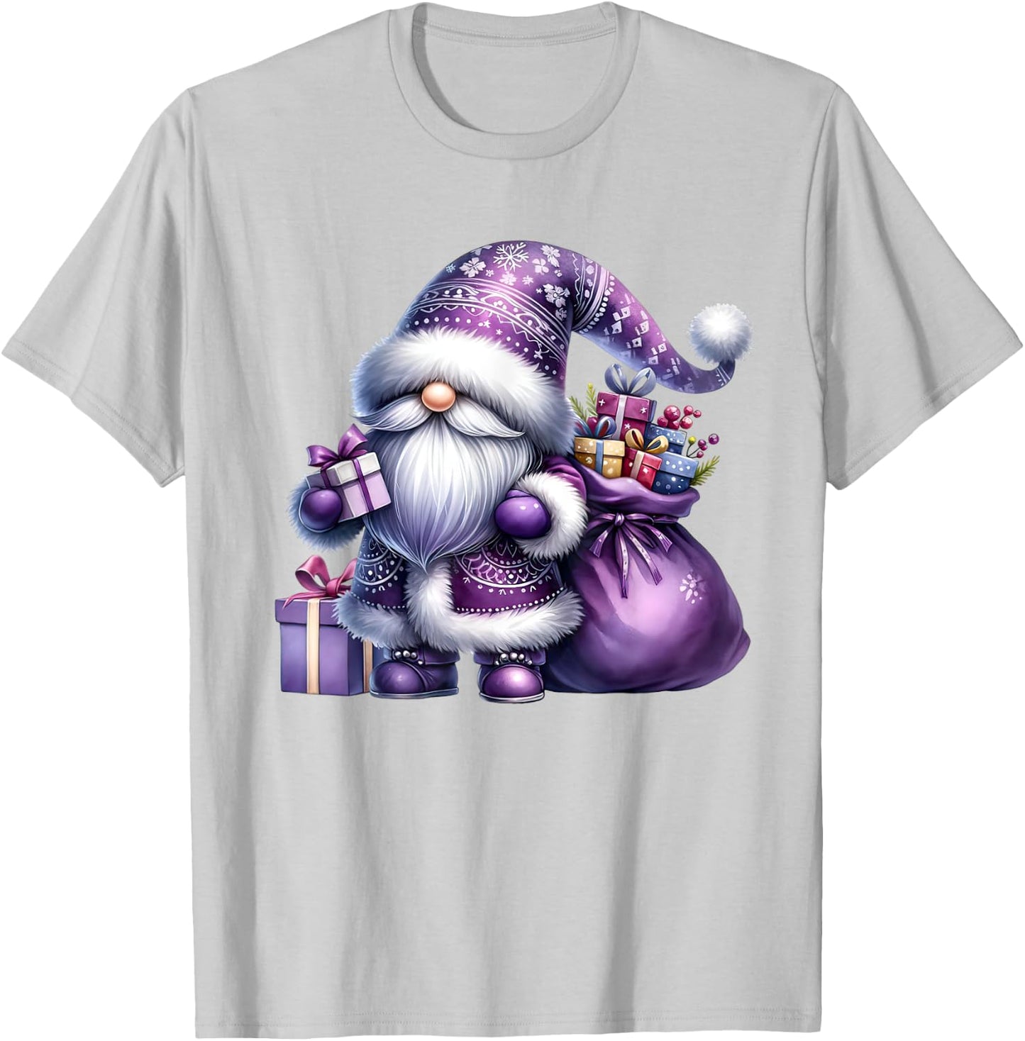 Purple Christmas Gnome With Santa Bag Men Xmas T-Shirt - T-Shirt | Ash