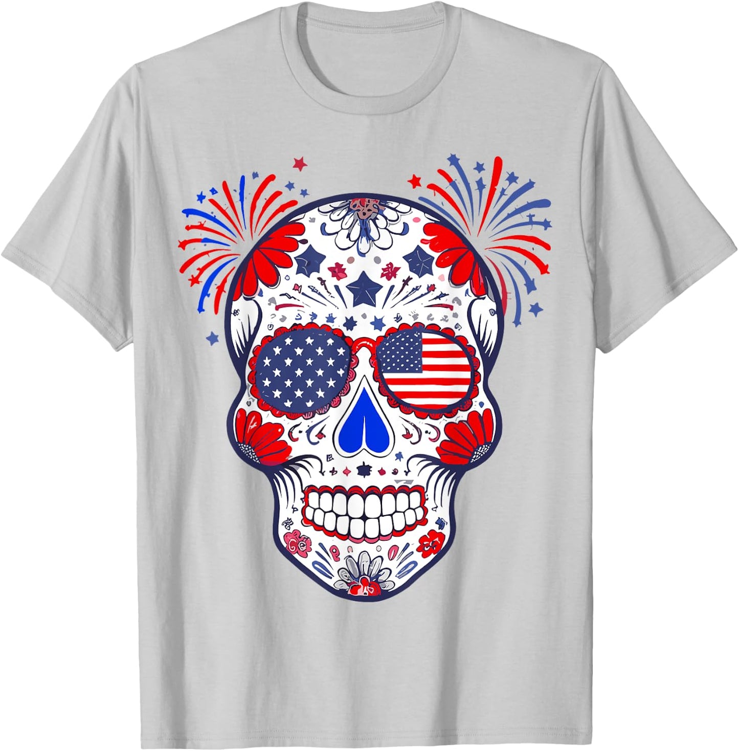 Sugar Skull Sunglasses USA Flag 4th of July Men Women T-Shirt - T-Shirt | Ash