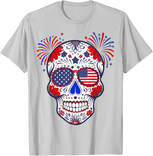 Sugar Skull Sunglasses USA Flag 4th of July Men Women T-Shirt - T-Shirt | Ash