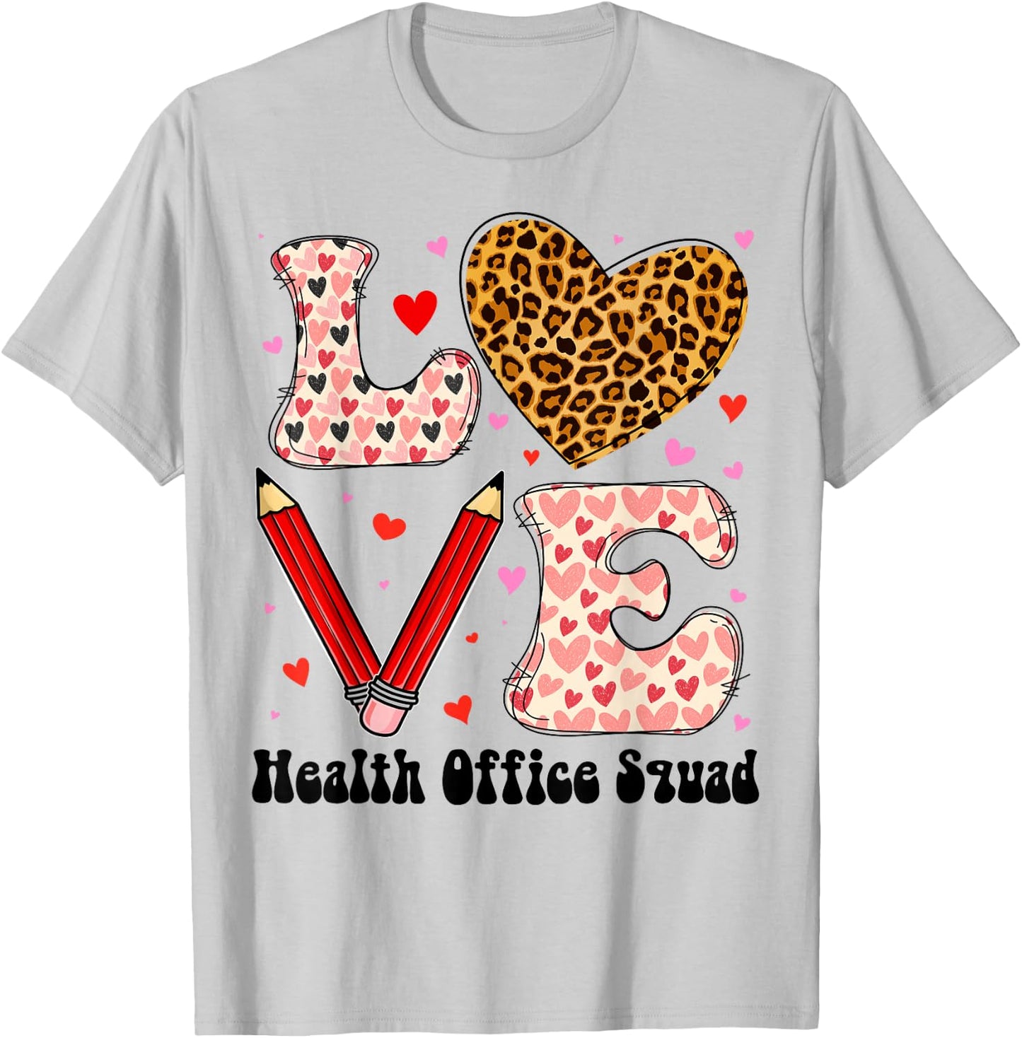 Health Office Squad Love Heart Leopard Plaid Valentines Day T-Shirt - T-Shirt | Ash