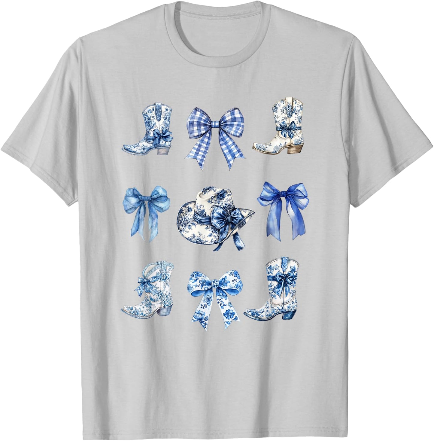 Toile Bow Shirt Blue Coquette Bow Cowboy Cowboy Hat Boots T-Shirt - T-Shirt | Ash
