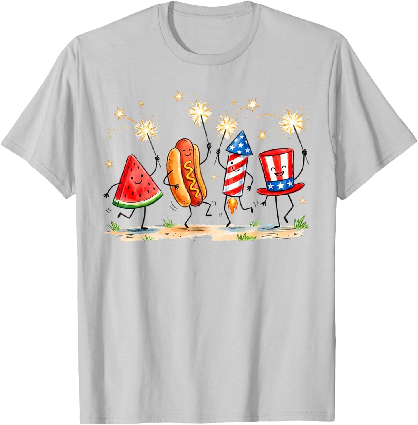 Patriotic Watermelon Hotdog Firework Cute Meme 4th of July T-Shirt - T-Shirt | Ash