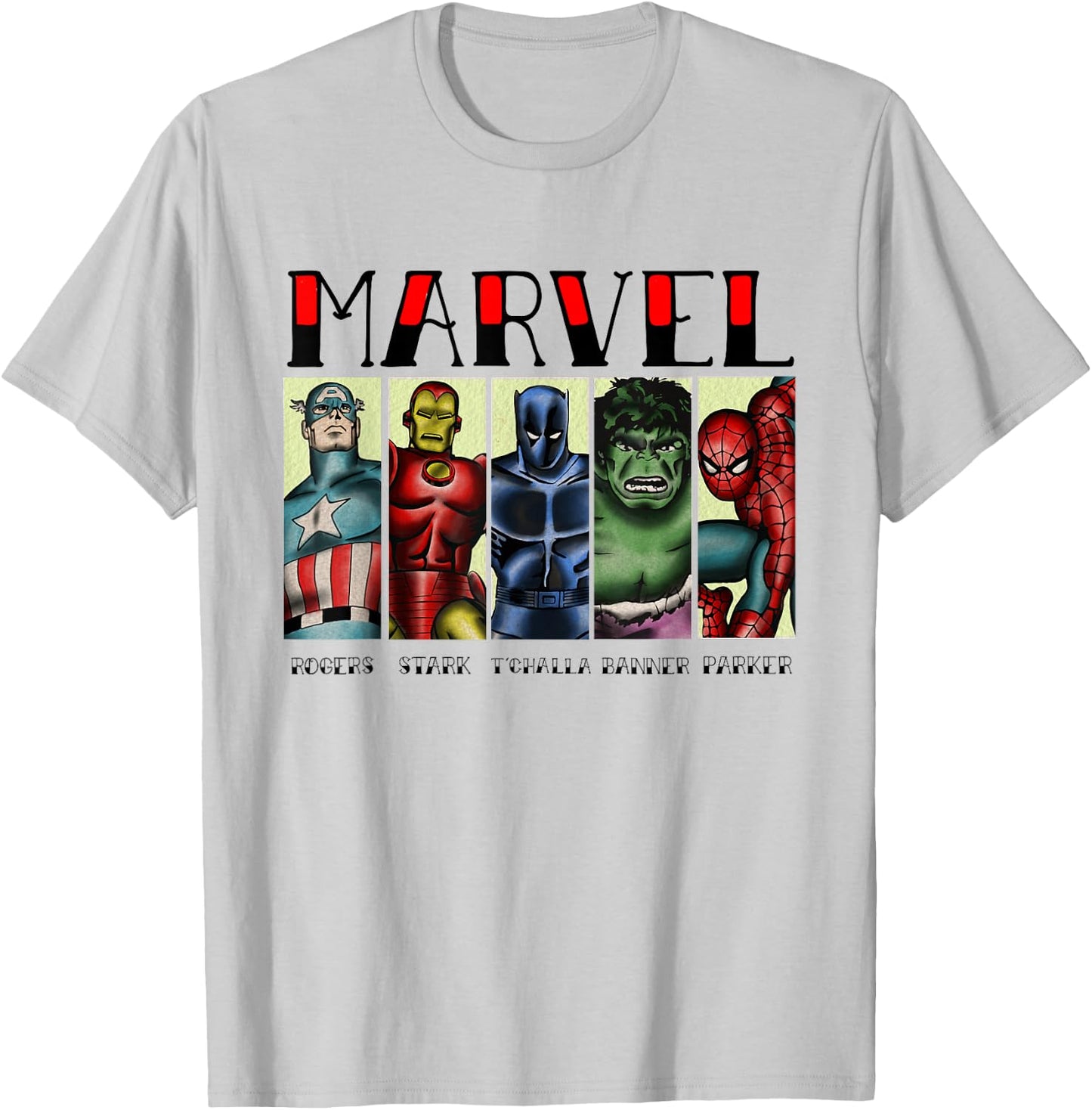 Marvel Avengers and Spider-Man Super Hero Real Names Retro T-Shirt - T-Shirt | Ash