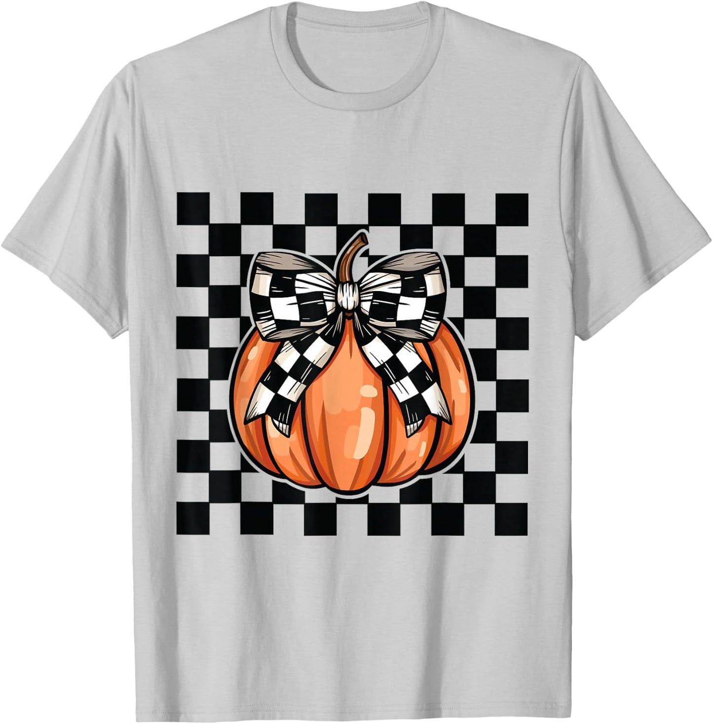 Checkered Halloween pumpkin cute coquette bow aesthetic girl T-Shirt - T-Shirt | Ash