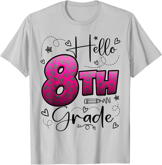 Hello 8th Grade Back To School Eighth Grade Leopard Print T-Shirt - T-Shirt | Ash