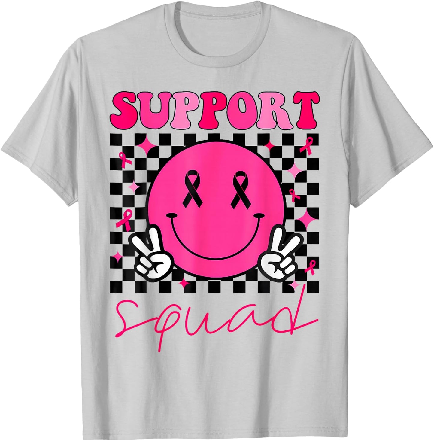 Groovy Breast Cancer Awareness Men Women Kids Support Squad T-Shirt - T-Shirt | Ash