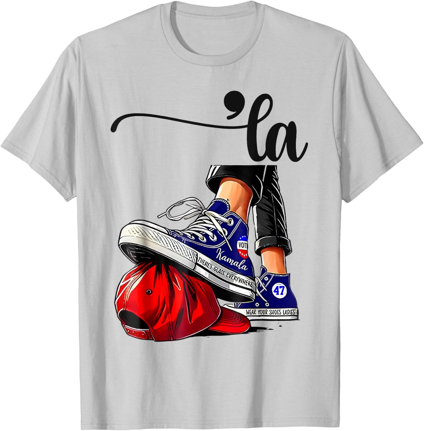 Kamala Harris High Heels Stepping On Red MAGA Hat T-Shirt - T-Shirt | Ash