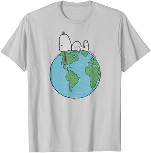 Peanuts - Snoopy Earth Day Laying On Top of the World T-Shirt - T-Shirt | Ash