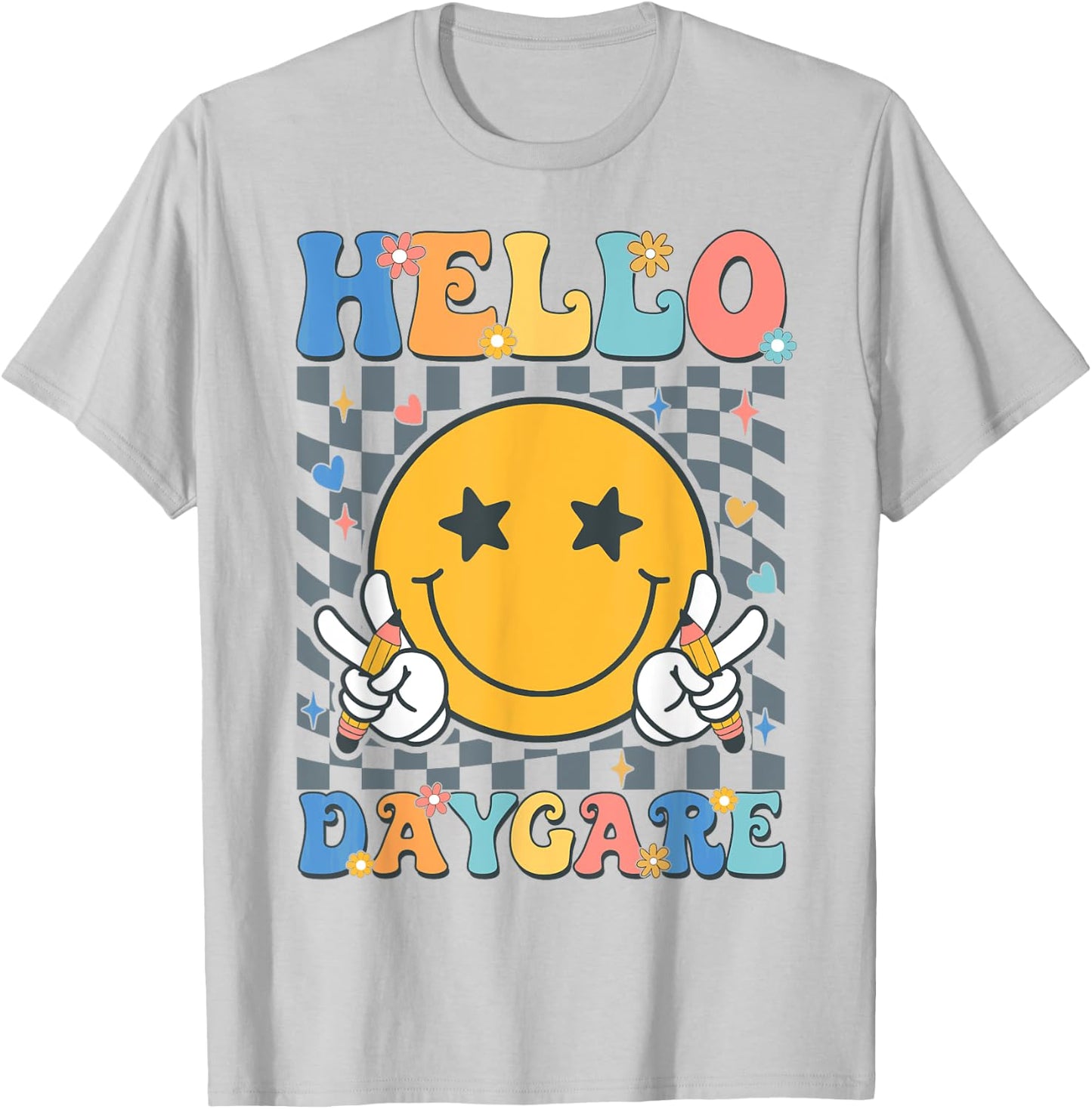 Hello Daycare Team Groovy Back To School Daycare Teacher Kid T-Shirt - T-Shirt | Ash