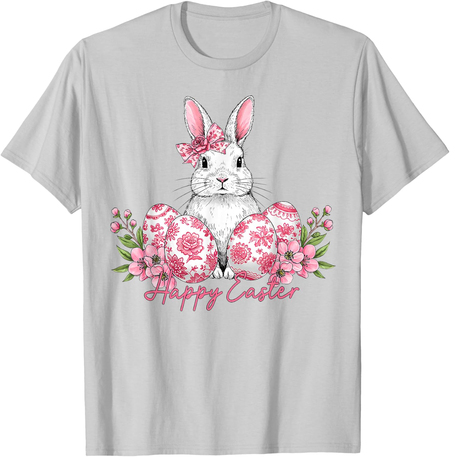Happy Easter Chinoiserie Eggs Florals Bunny Coquette Bow T-Shirt - T-Shirt | Ash