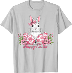 Happy Easter Chinoiserie Eggs Florals Bunny Coquette Bow T-Shirt - T-Shirt | Ash