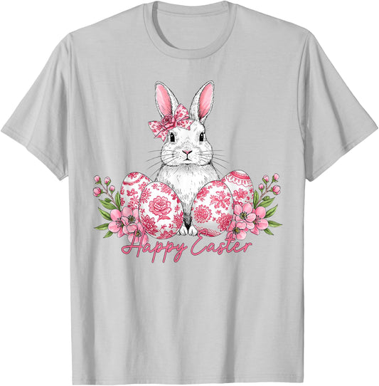 Happy Easter Chinoiserie Eggs Florals Bunny Coquette Bow T-Shirt - T-Shirt | Ash