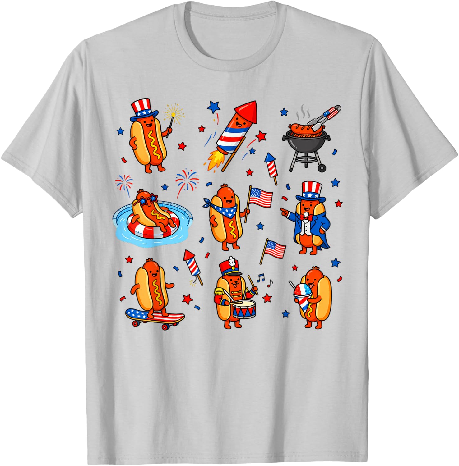Hot Dog, American Flag Fireworks 4th of July T-Shirt - T-Shirt | Ash