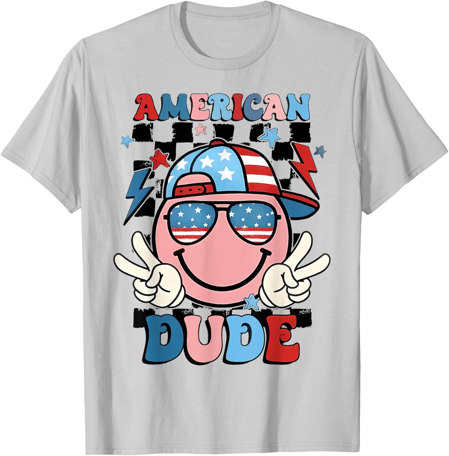 Checkered American Dude US Flag Cap Boy 4th of July T-Shirt - T-Shirt | Ash