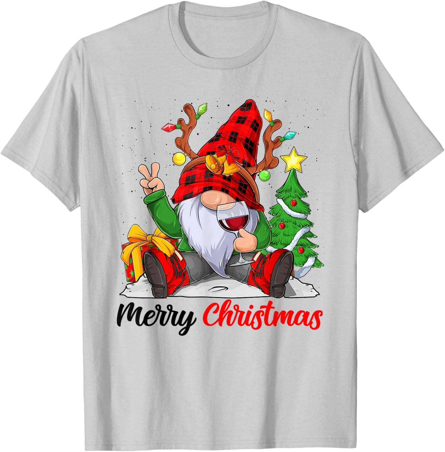 Funny Merry Christmas Wine Lover Men Women Gnome Lovers T-Shirt - T-Shirt | Ash