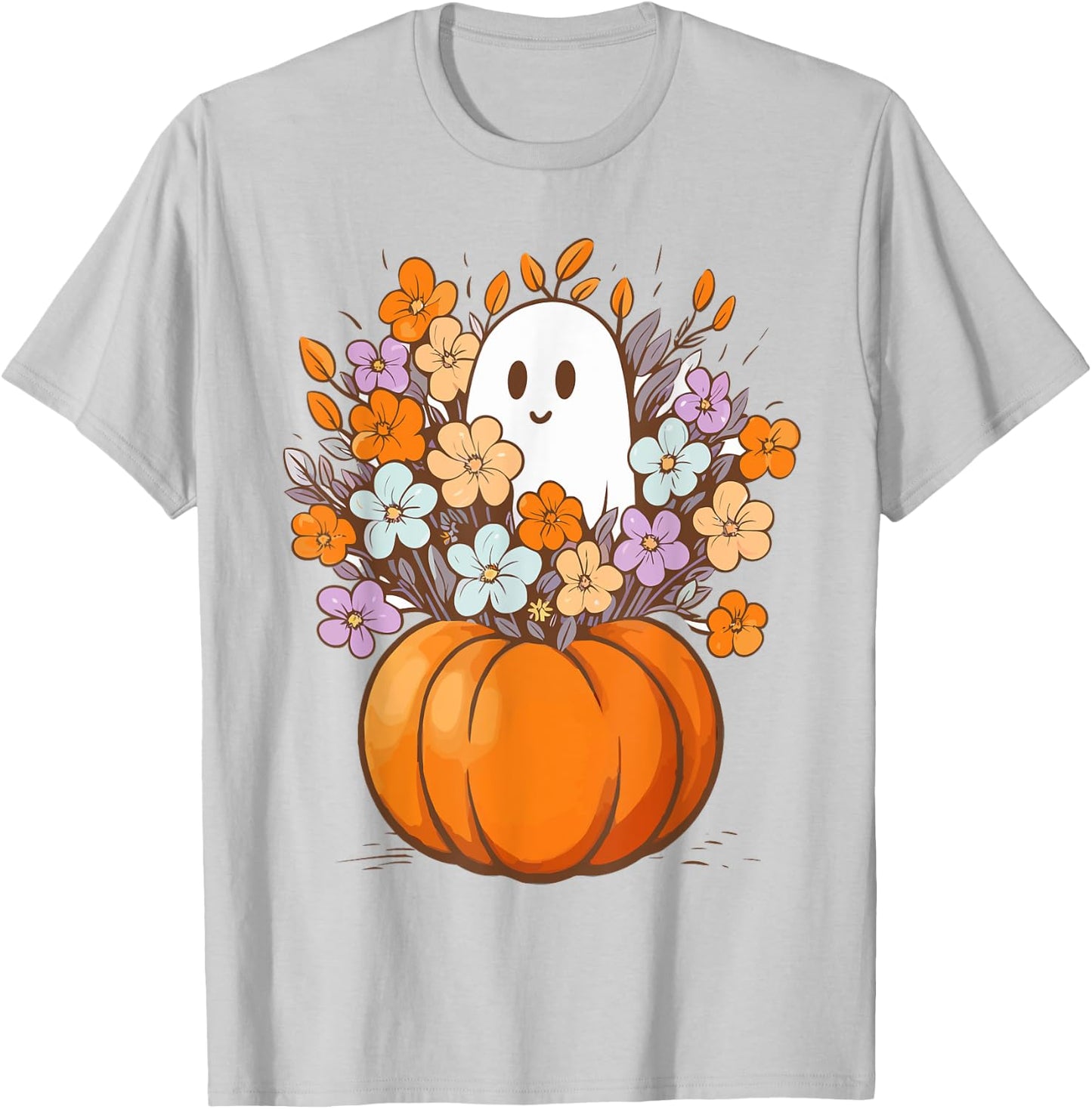 Floral Ghost Halloween Costume Aesthetic Ghost Pumpkin Fall T-Shirt - T-Shirt | Ash