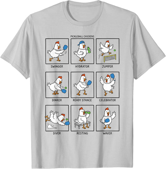 Funny Pickleball Chicken Cartoon Players Paddle Humor Art T-Shirt - T-Shirt | Ash