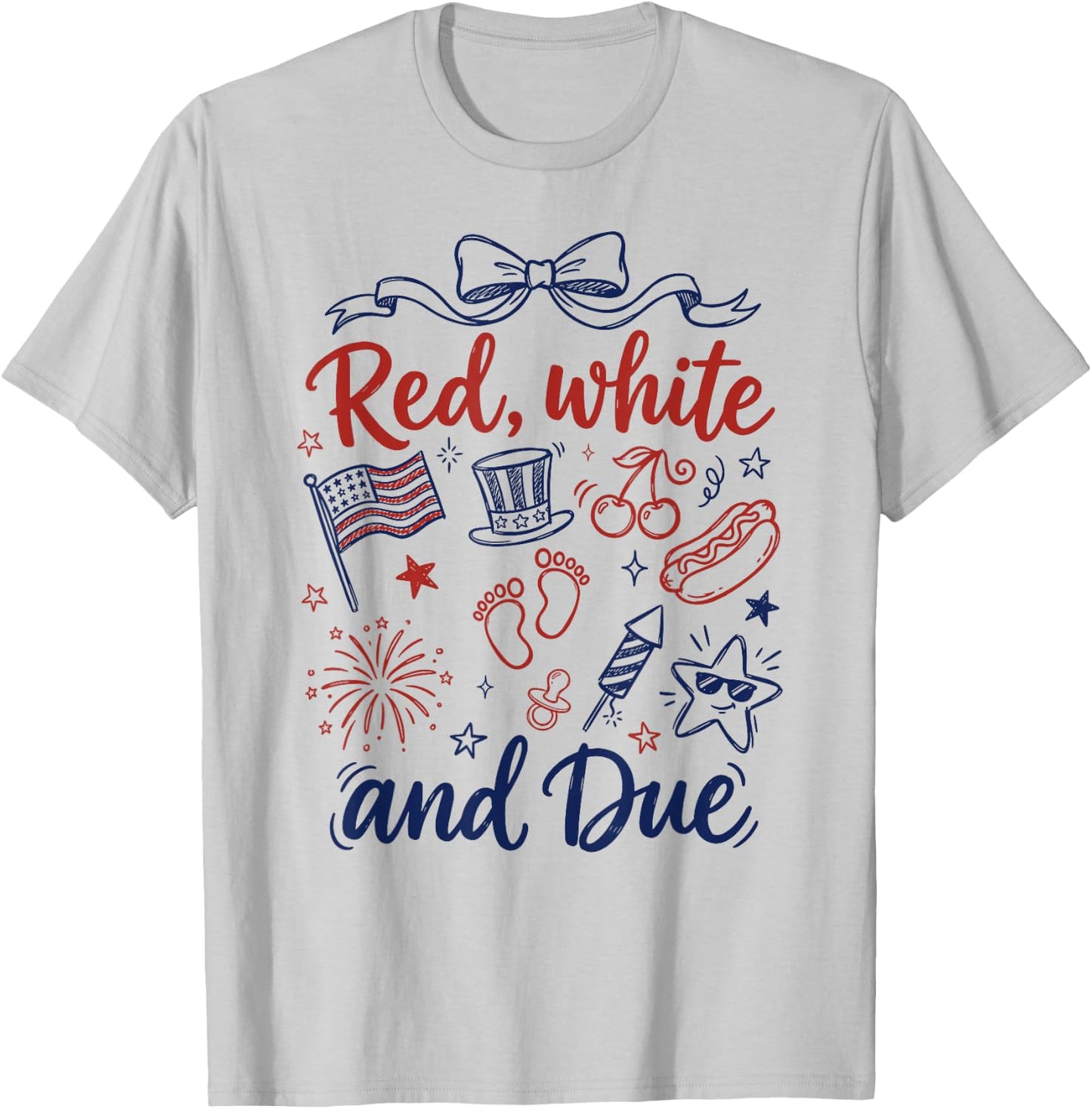 Red White and Due 4th of July Pregnancy Announcement T-Shirt - T-Shirt | Ash