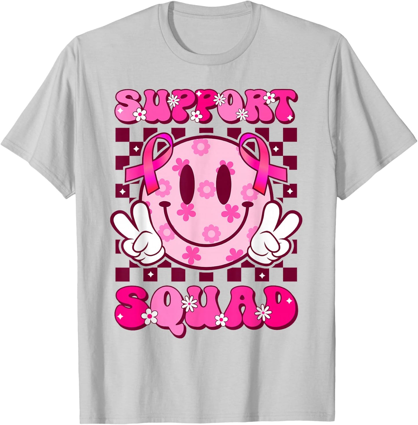 Groovy Smile Face Pink Ribbon Support Squad Breast Cancer T-Shirt - T-Shirt | Ash