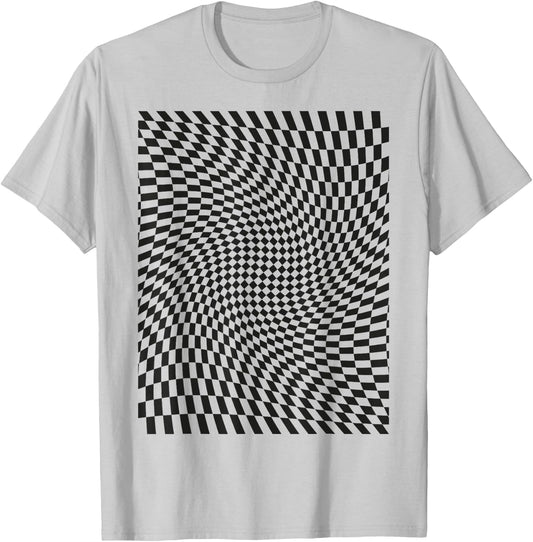 Optical Illusion Geometric Checkerboard Wavy T-Shirt - T-Shirt | Ash