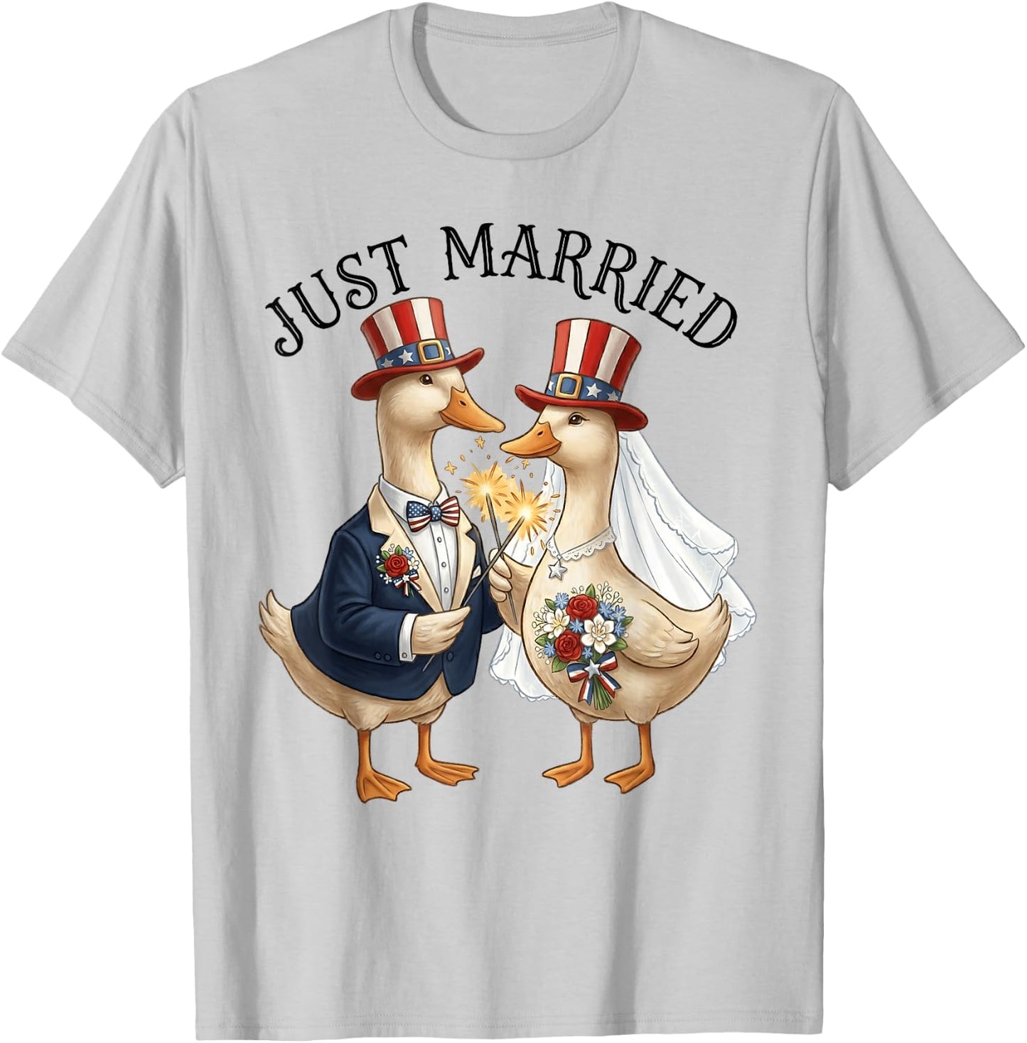 Just Married Patriotic Duck Couple Funny 4th of July Brided T-Shirt - T-Shirt | Ash