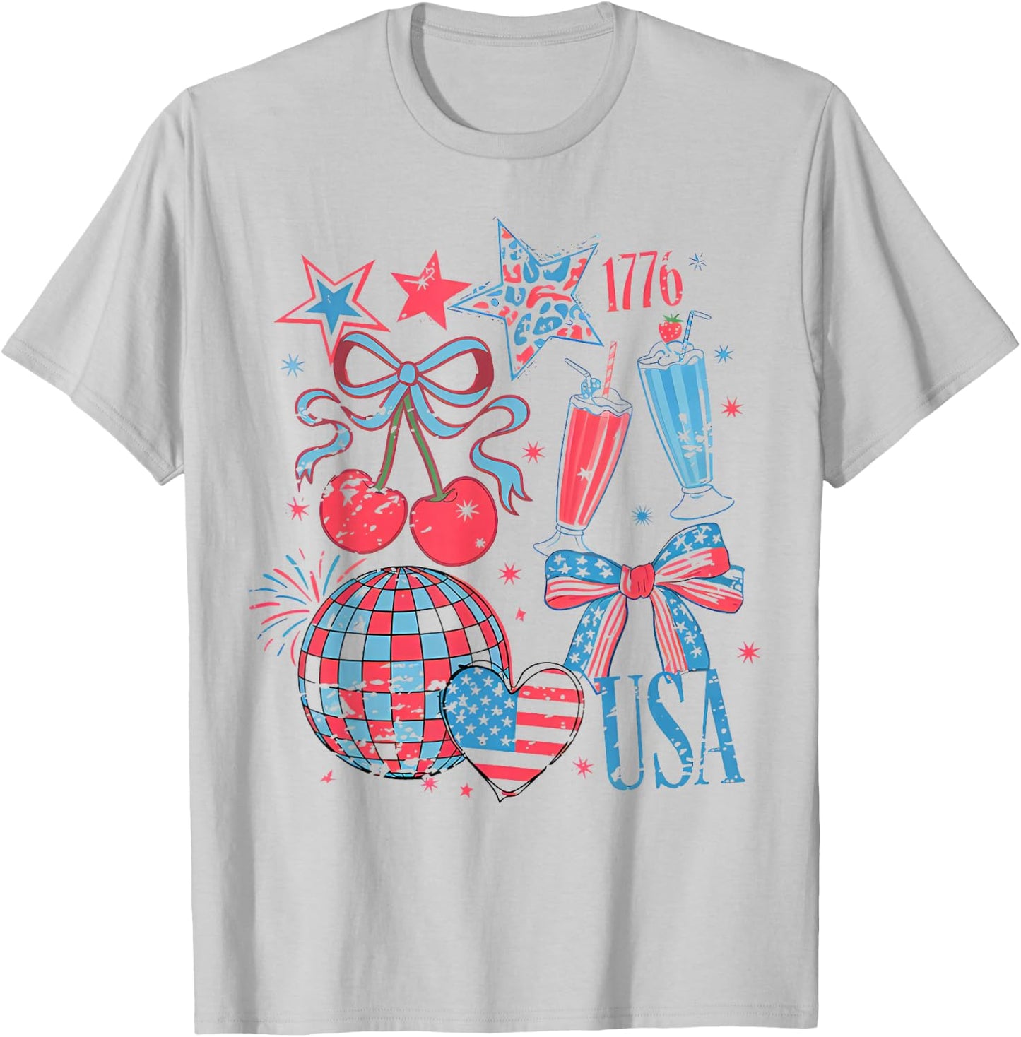 Retro USA Coquette Cherry Bow 4th of July American Girl T-Shirt - T-Shirt | Ash