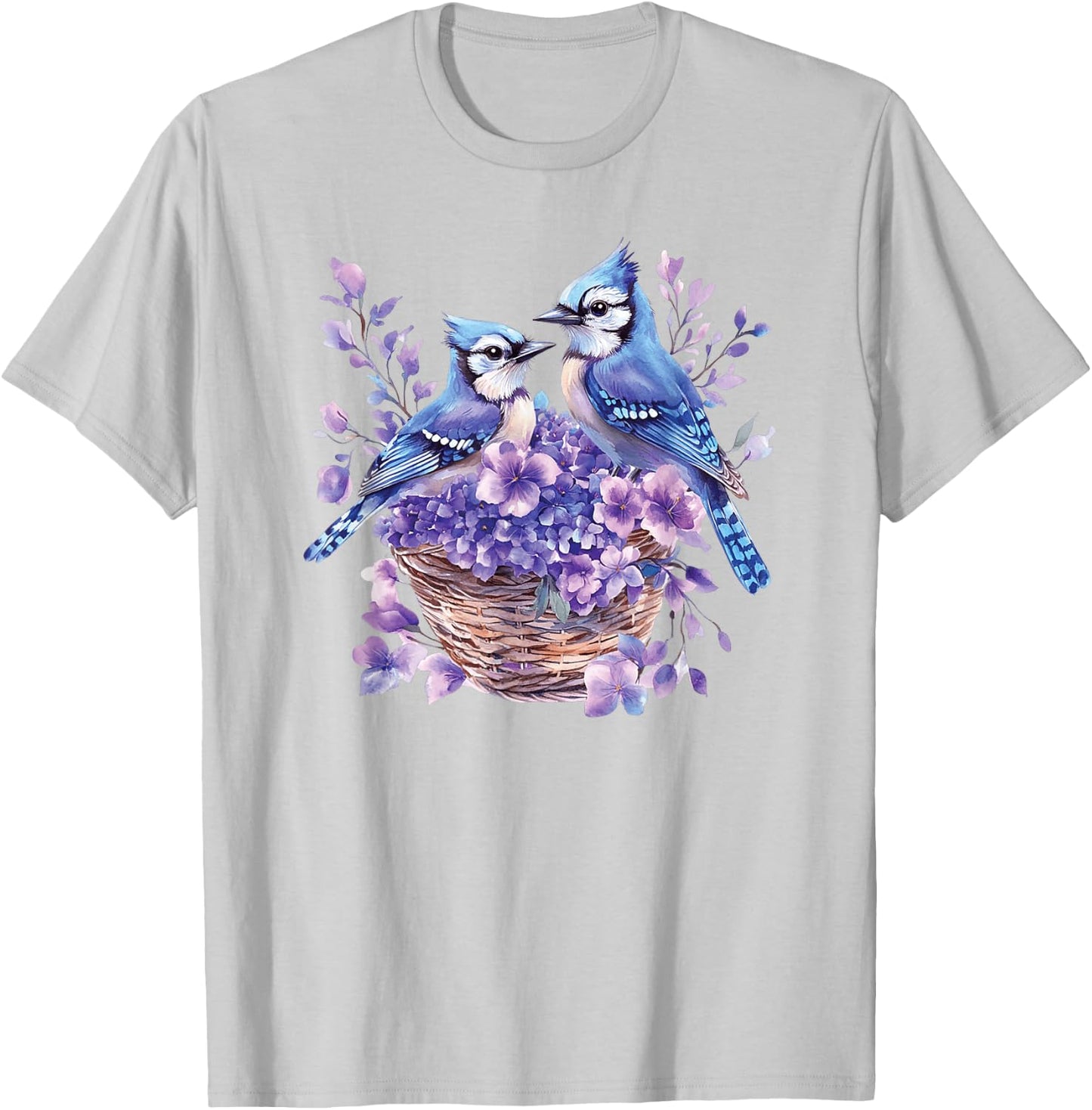 Couple Blue Jay Birds In A Basket With Flowers,Vibrant Color T-Shirt - T-Shirt | Ash