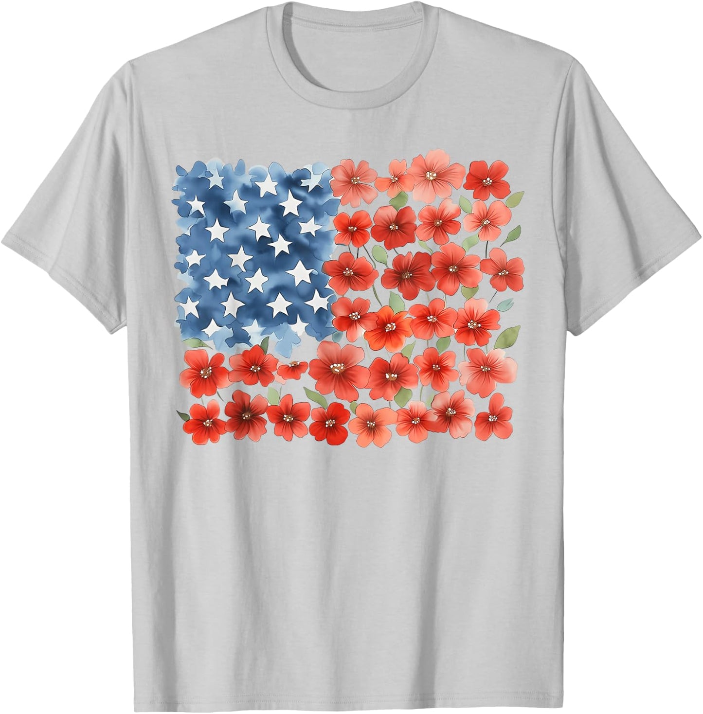 Red Poppy Flower American Flag Memorial Day Floral July 4th T-Shirt - T-Shirt | Ash