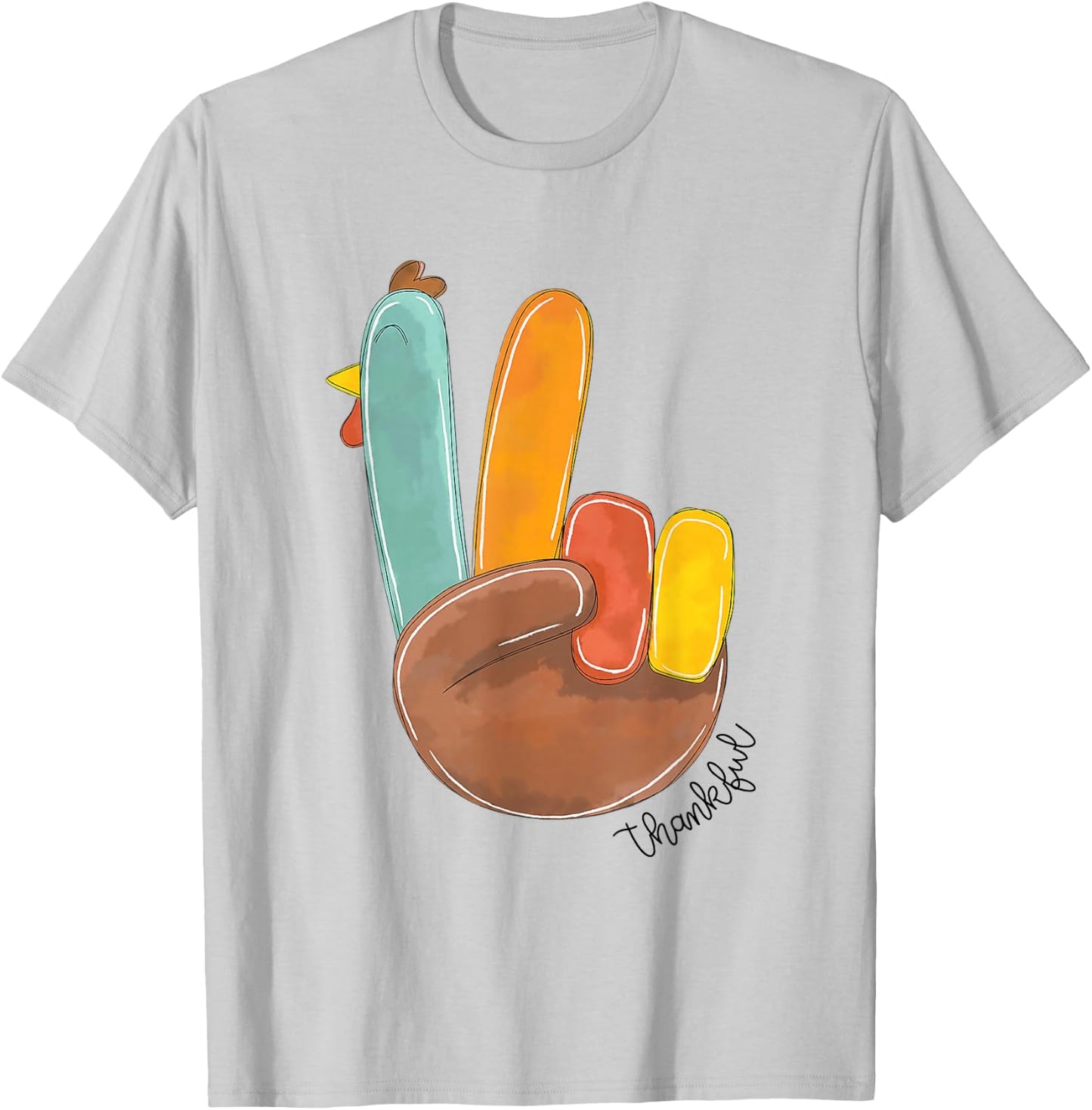 Thanksful Peace Sign Turkey Hand Cool Thanksgiving Men Women T-Shirt - T-Shirt | Ash