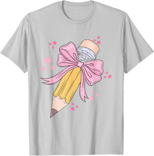 Pencil Coquette Bow Teacher Appreciation Back To School T-Shirt - T-Shirt | Ash