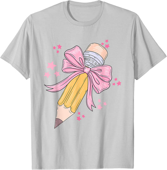 Pencil Coquette Bow Teacher Appreciation Back To School T-Shirt - T-Shirt | Ash