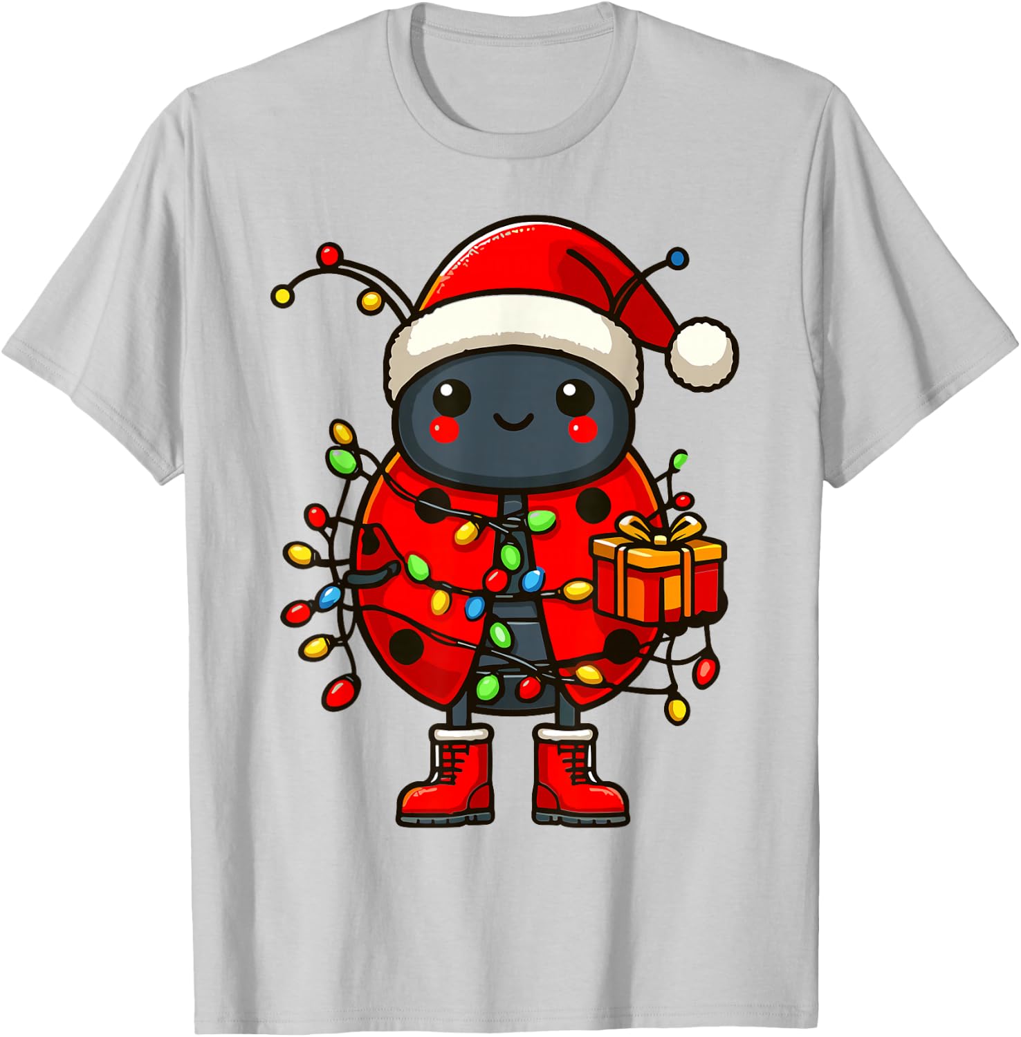 Ladybug Wearing Santa Hat, Holding A Present Box Xmas T-Shirt - T-Shirt | Ash
