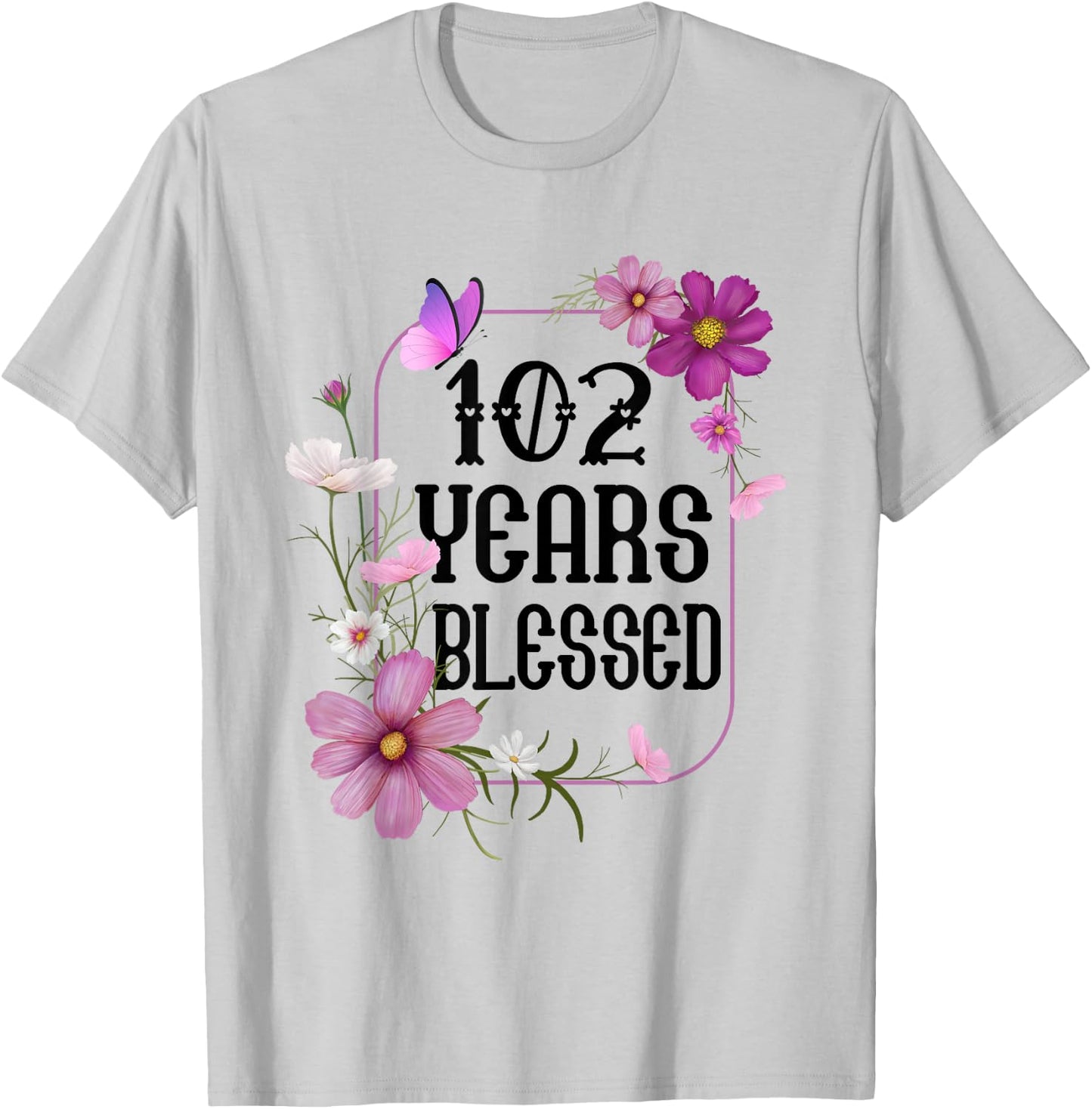 Turning 102 Birthday Butterfly with Floral 102nd Birthday T-Shirt - T-Shirt | Ash