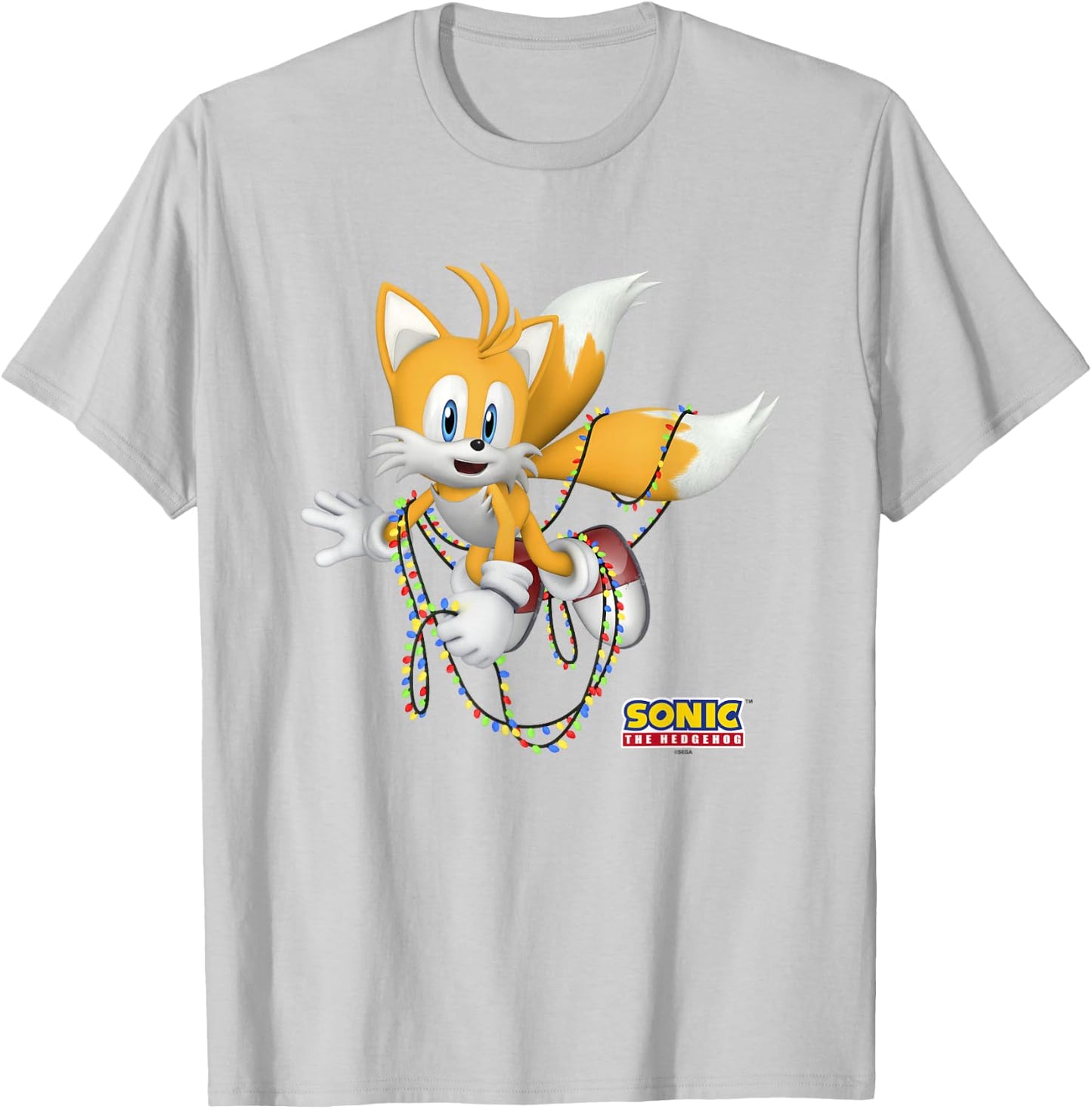 Sonic The Hedgehog Christmas Tails Tangled In Lights T-Shirt - T-Shirt | Ash