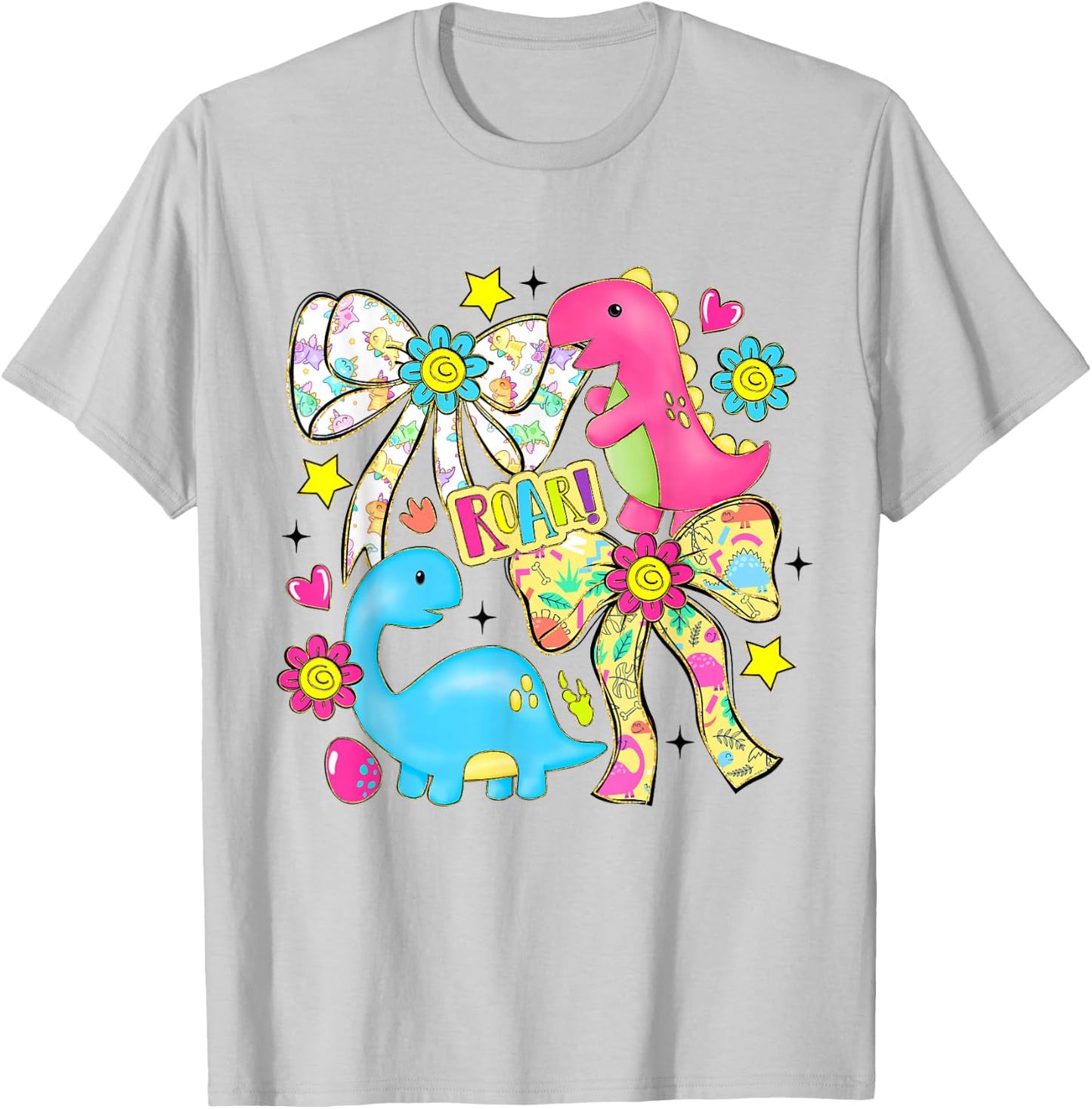 Cute Bow Dinosaur Flowers Dinosaur Lovers Kids Boys Girls T-Shirt - T-Shirt | Ash