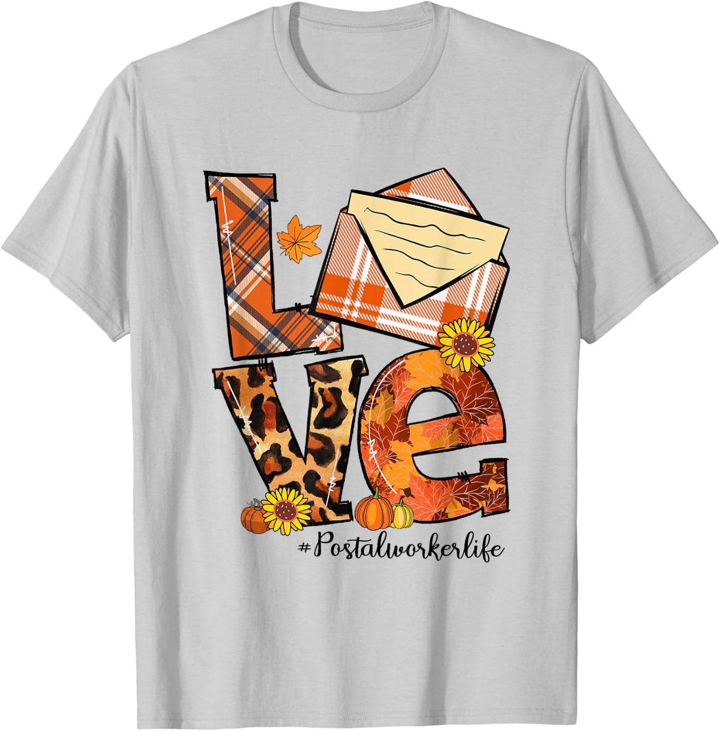 LOVE Pumpkin Leopard Postal Worker Life Fall Thanksgiving T-Shirt - T-Shirt | Ash