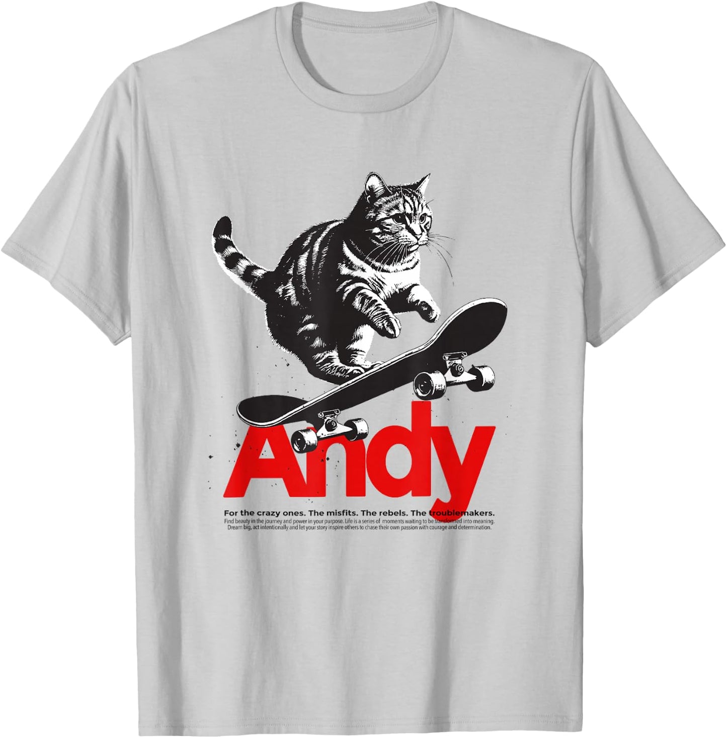 ANDY - Beautiful Boy Name With A Cat & Skateboard T-Shirt - T-Shirt | Ash