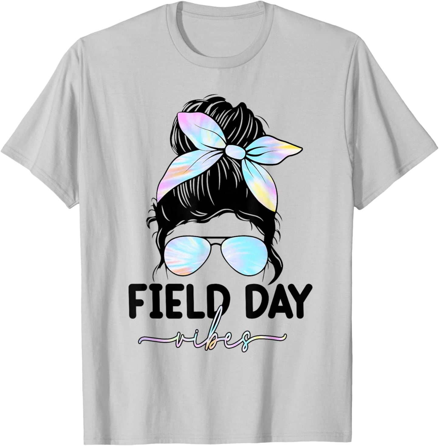 Field Day Vibes Messy Bun Girl School Field Day Fun Tie Dye T-Shirt - T-Shirt | Ash