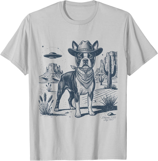 Vintage Alien UFO Western Cowboy Boston Terrier Dog Desert T-Shirt - T-Shirt | Ash