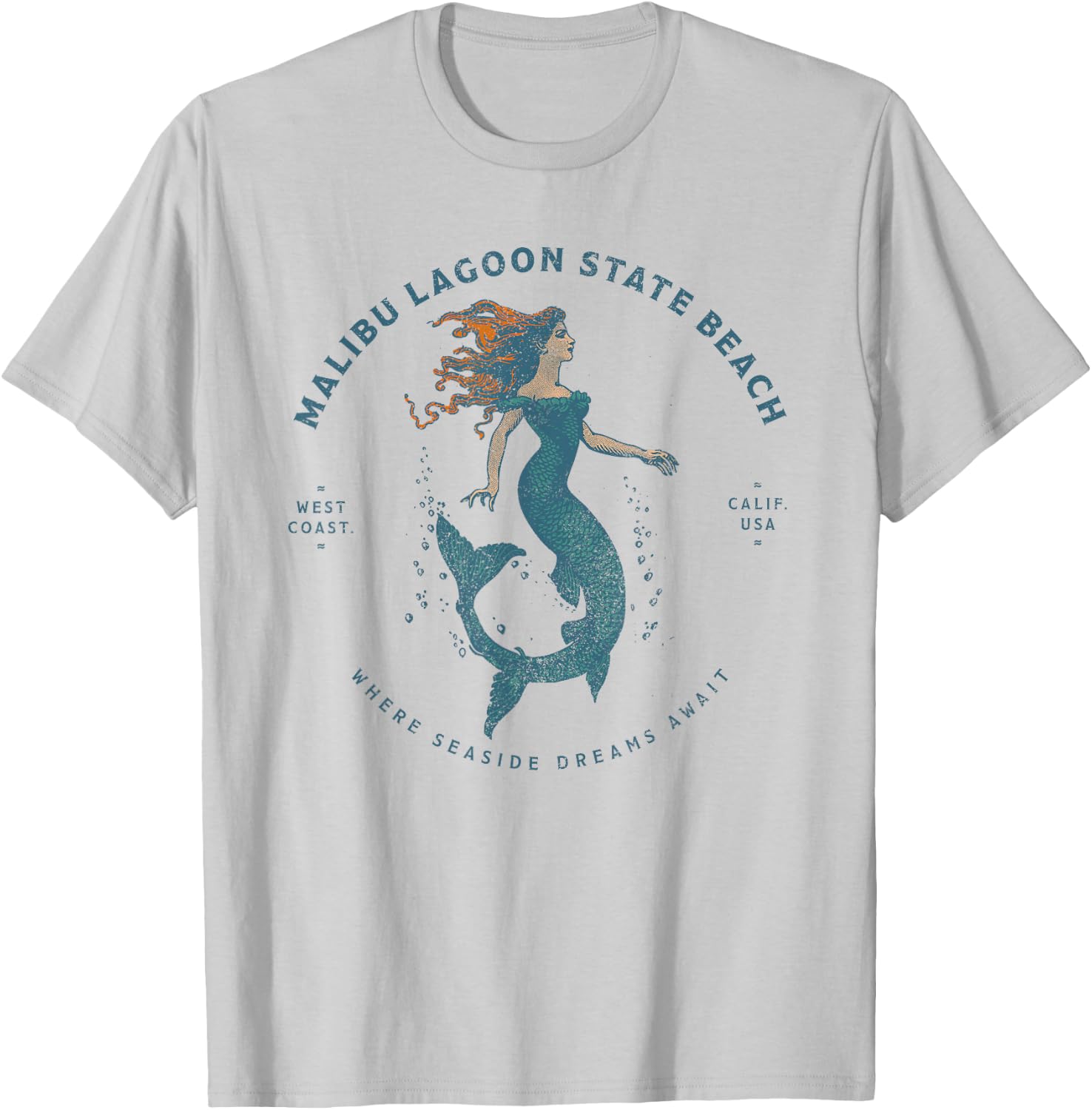 Malibu Lagoon State Beach California Retro Vintage Mermaid T-Shirt - T-Shirt | Ash