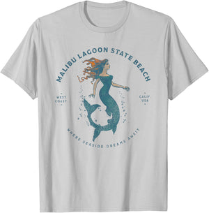 Malibu Lagoon State Beach California Retro Vintage Mermaid T-Shirt - T-Shirt | Ash
