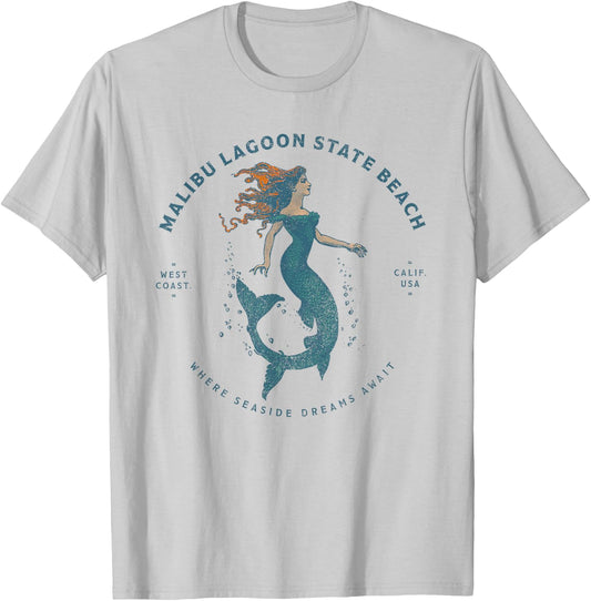 Malibu Lagoon State Beach California Retro Vintage Mermaid T-Shirt - T-Shirt | Ash