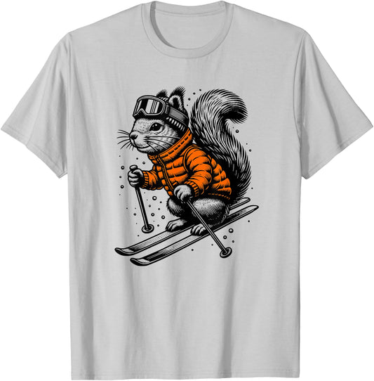 Skiing Squirrel Winter Ski Resort Downhill Wintersports T-Shirt - T-Shirt | Ash
